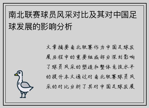 南北联赛球员风采对比及其对中国足球发展的影响分析