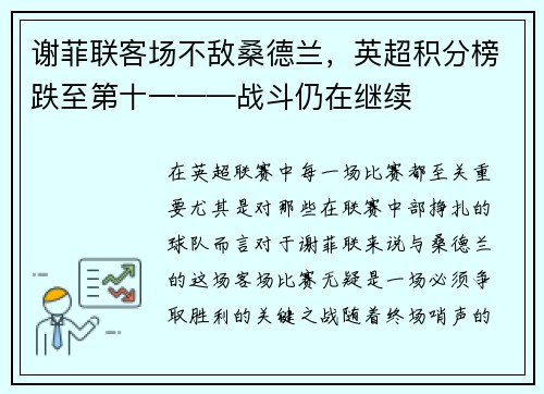 谢菲联客场不敌桑德兰，英超积分榜跌至第十一——战斗仍在继续