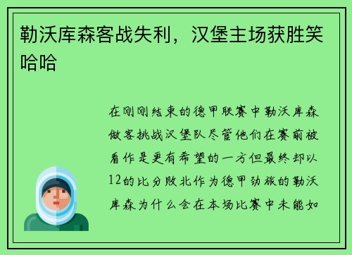 勒沃库森客战失利，汉堡主场获胜笑哈哈