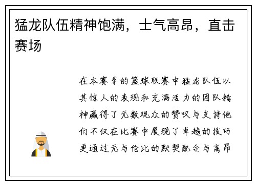 猛龙队伍精神饱满，士气高昂，直击赛场